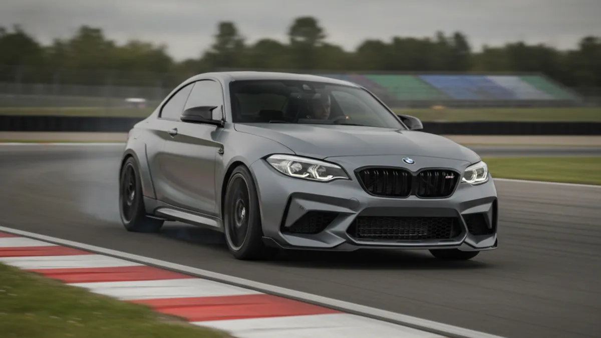 BMW M2 G87 coupé sportif vue trois-quarts avant sur route de montagne