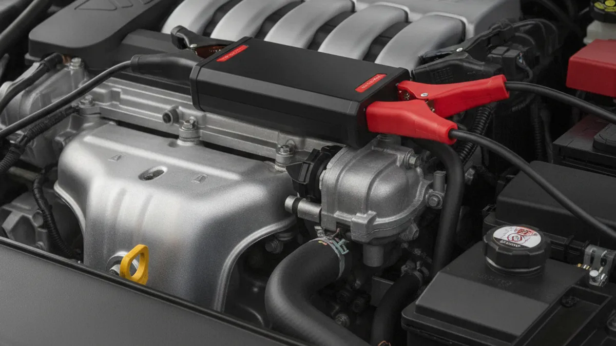 Booster de batterie lithium portable branché sur la batterie d'une voiture pour un démarrage de secours