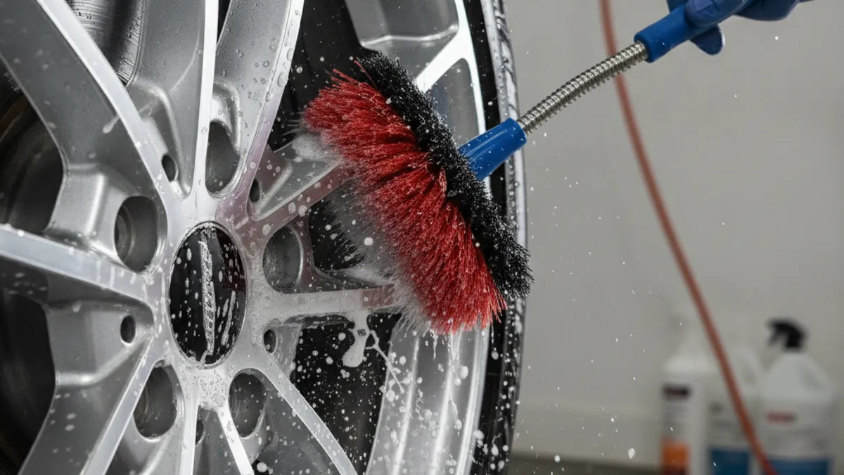 Brosse detailing souple nettoyant l'arrière des branches d'une jante alu sans la rayer