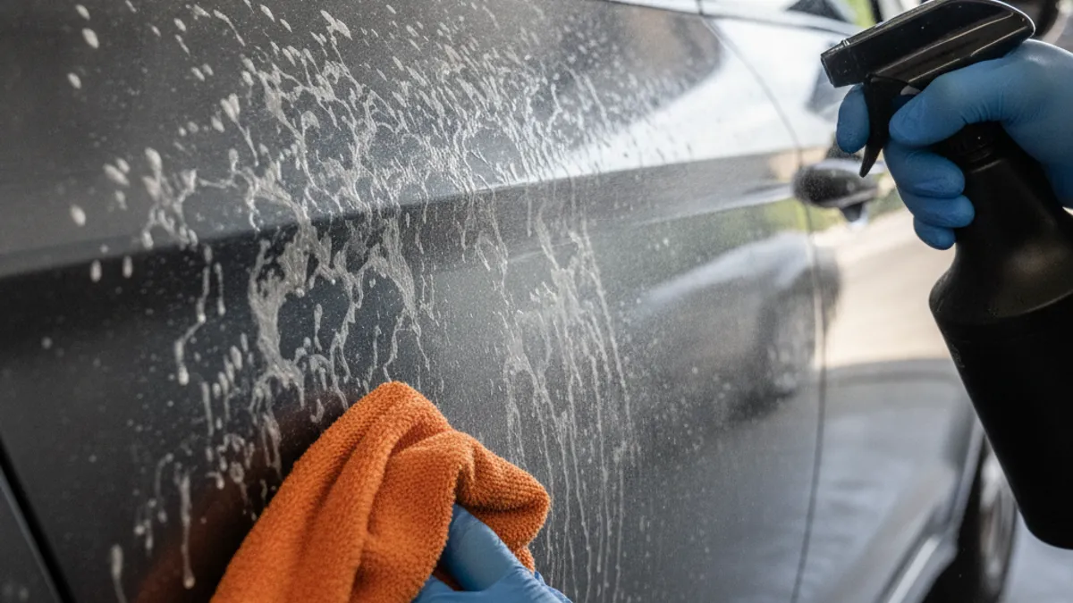 Traces de calcaire et taches d'eau sur carrosserie noire avant nettoyage detailing