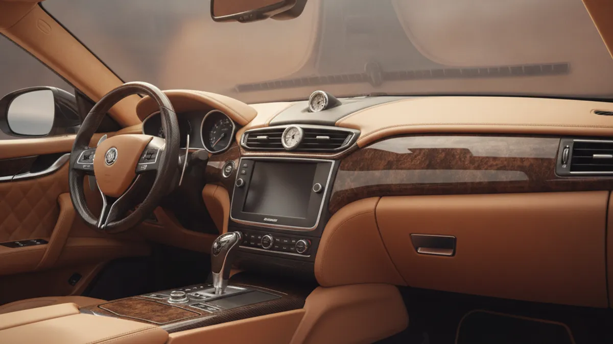 Intérieur cuir cousu main d'une Maserati Ghibli avec tableau de bord, volant et écran central