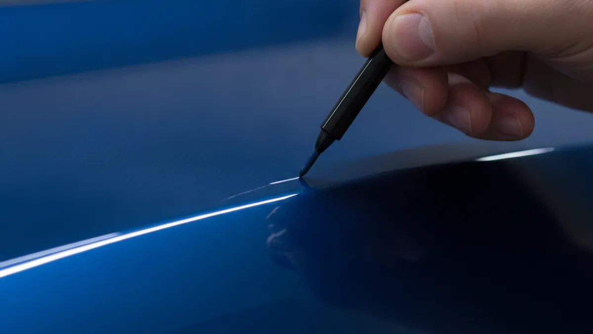 Application d'un stylo de retouche pour remplir une rayure profonde de voiture