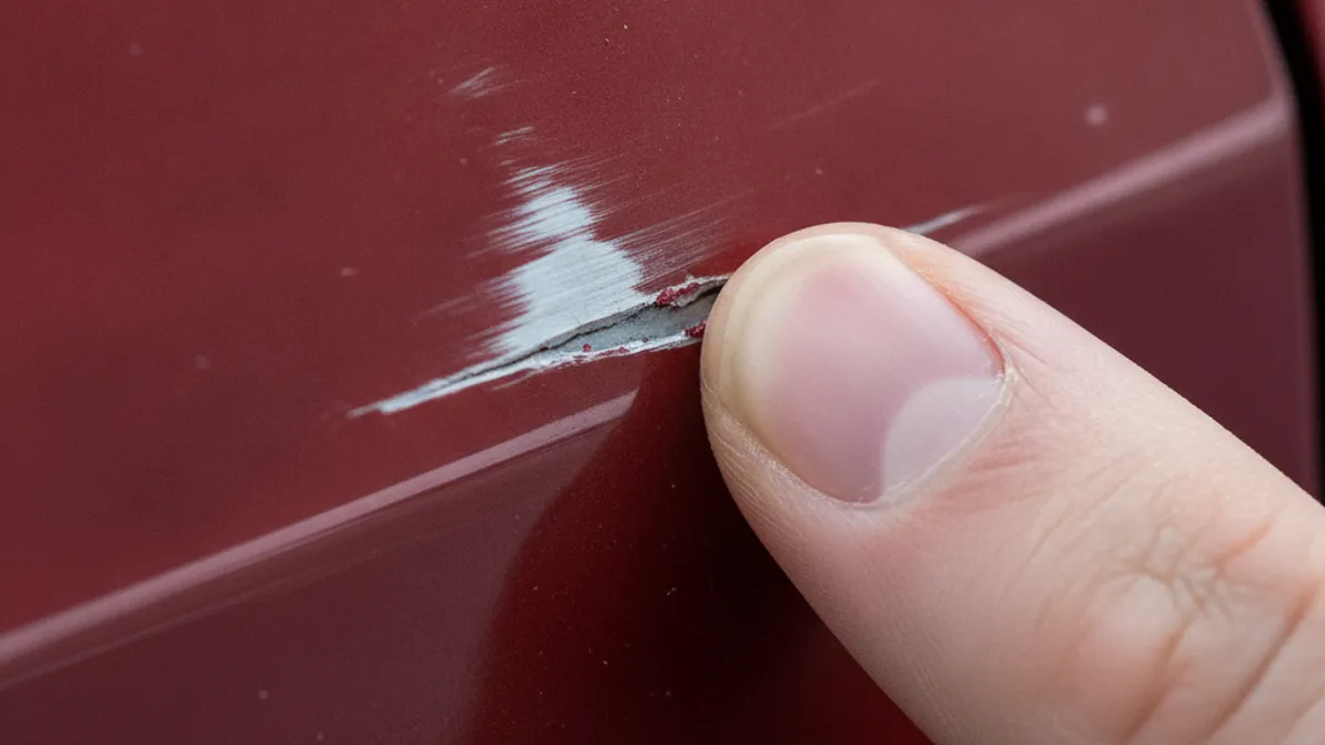Test de l'ongle pour évaluer la profondeur d'une rayure profonde sur une voiture