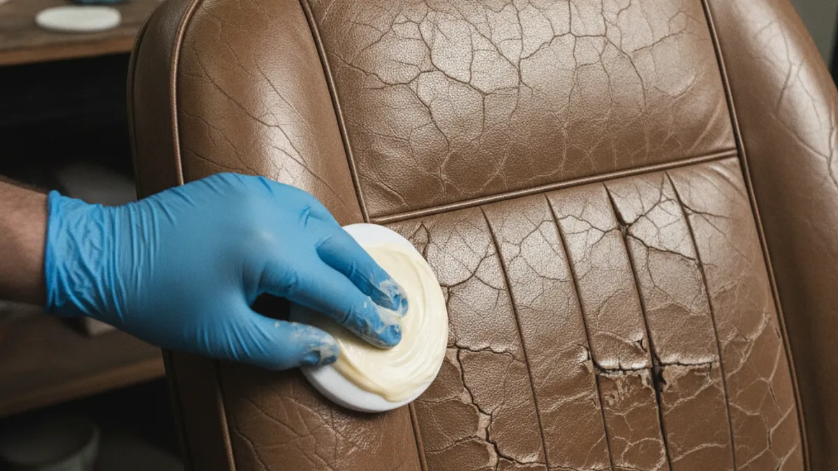 Siège en cuir de voiture craquelé en cours de rénovation avec teinture et baume nourrissant