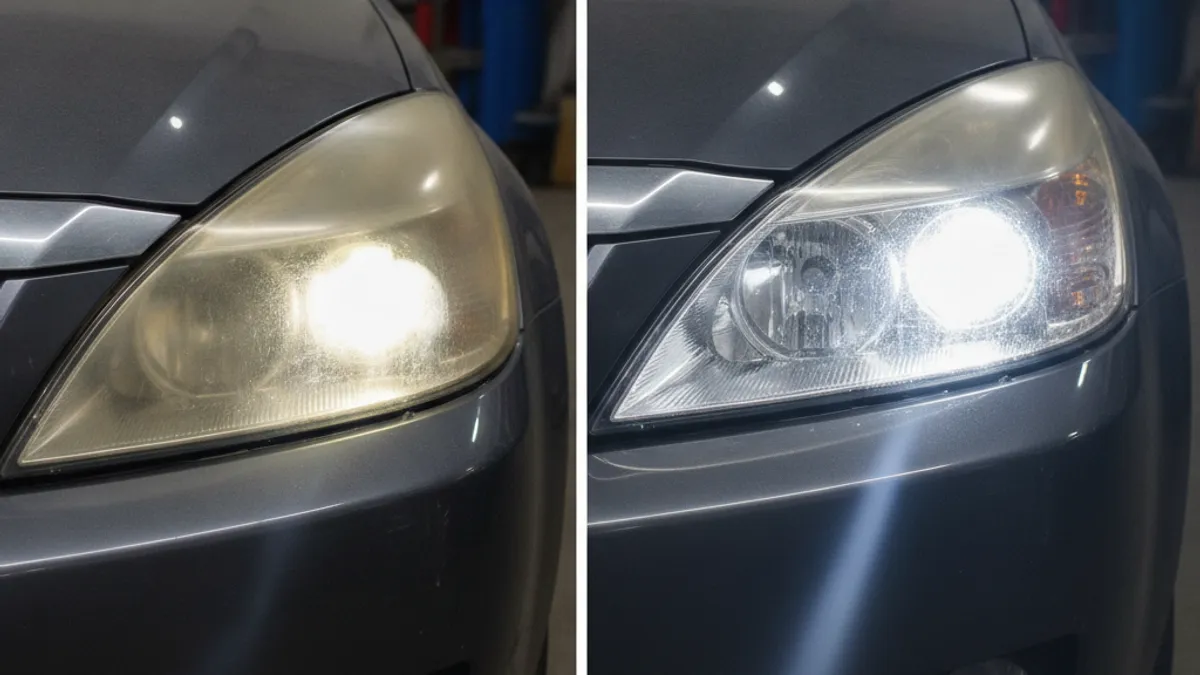 Phare de voiture avant et après rénovation soi-même, résultat transparent