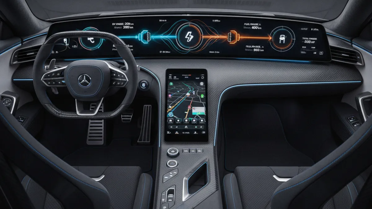 Cockpit intérieur d'une sportive hybride rechargeable avec écran numérique et commandes du mode électrique