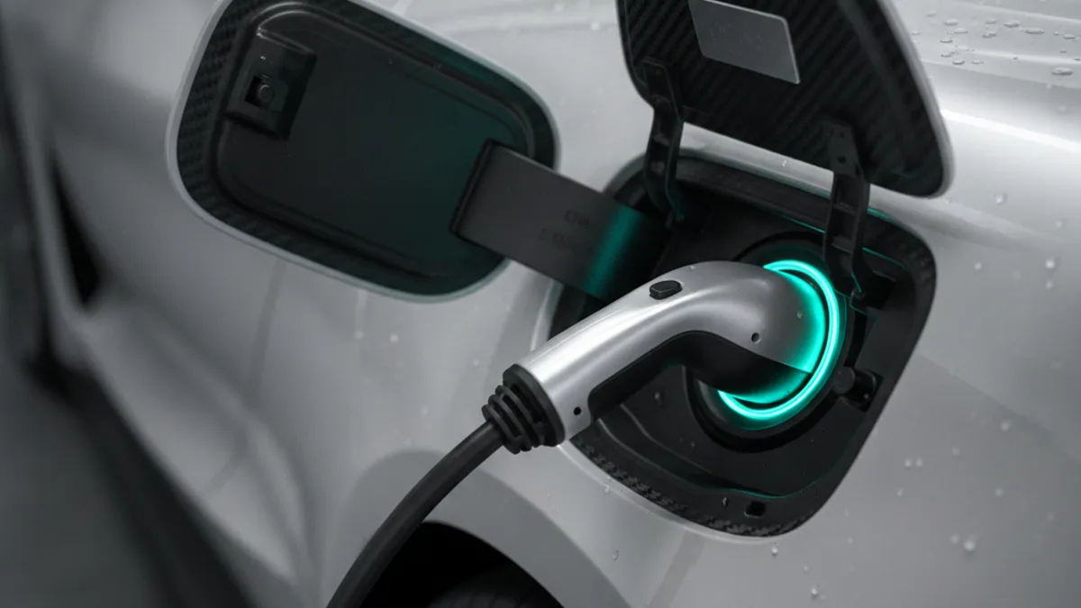 Sportive hybride rechargeable branchée sur une borne de recharge dans un cadre urbain moderne