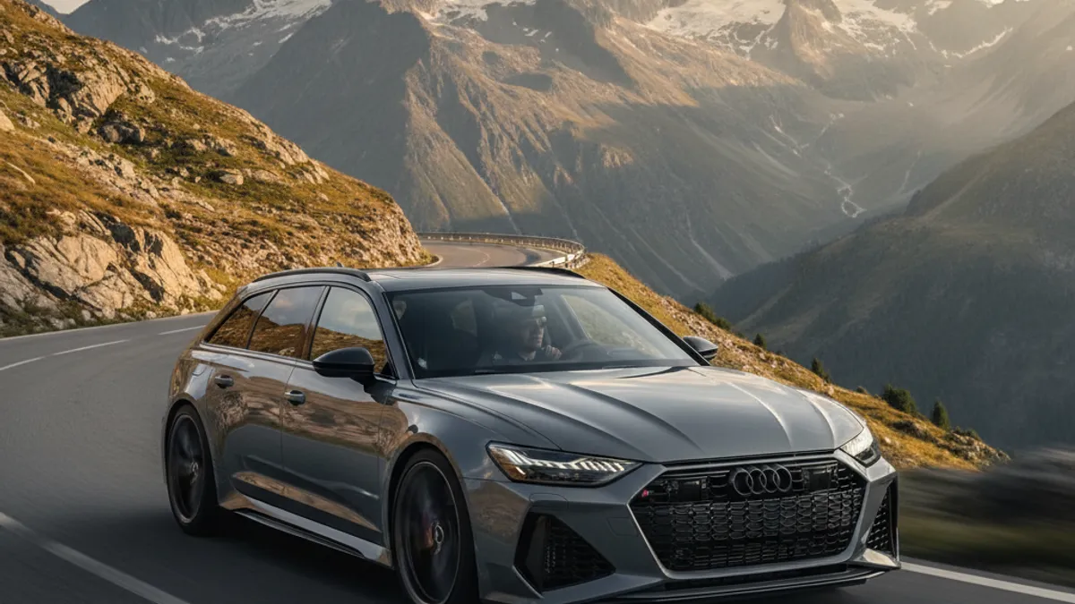 Audi RS6 Avant C8 grise sur route de montagne, V8 biturbo 600 ch