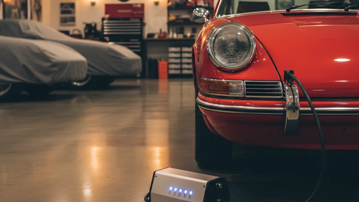 Chargeur batterie intelligent branché sur voiture de collection dans un garage