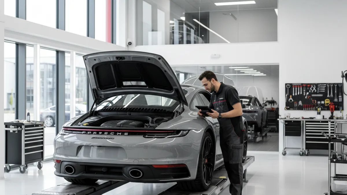 Mécanicien inspectant le moteur d'une voiture de luxe en atelier spécialisé