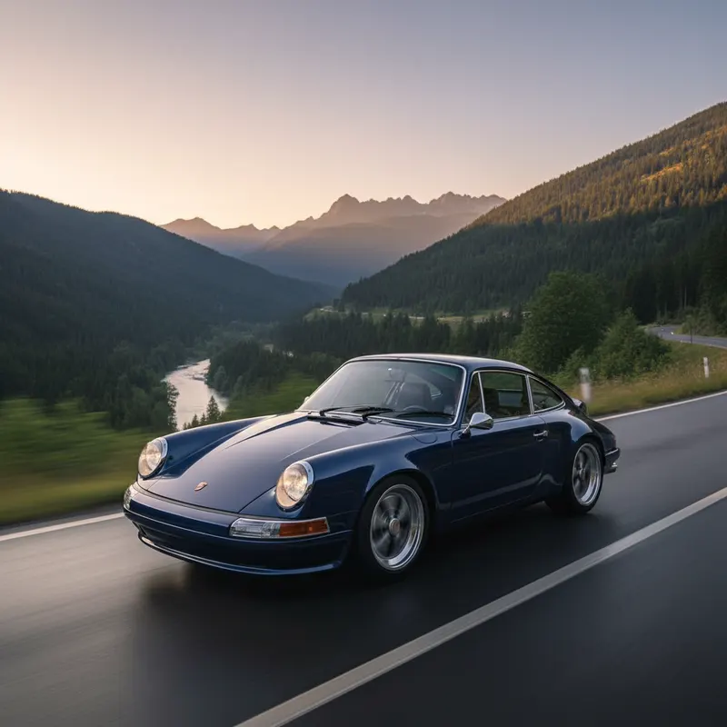 Voiture classique électrifiée sur route de montagne
