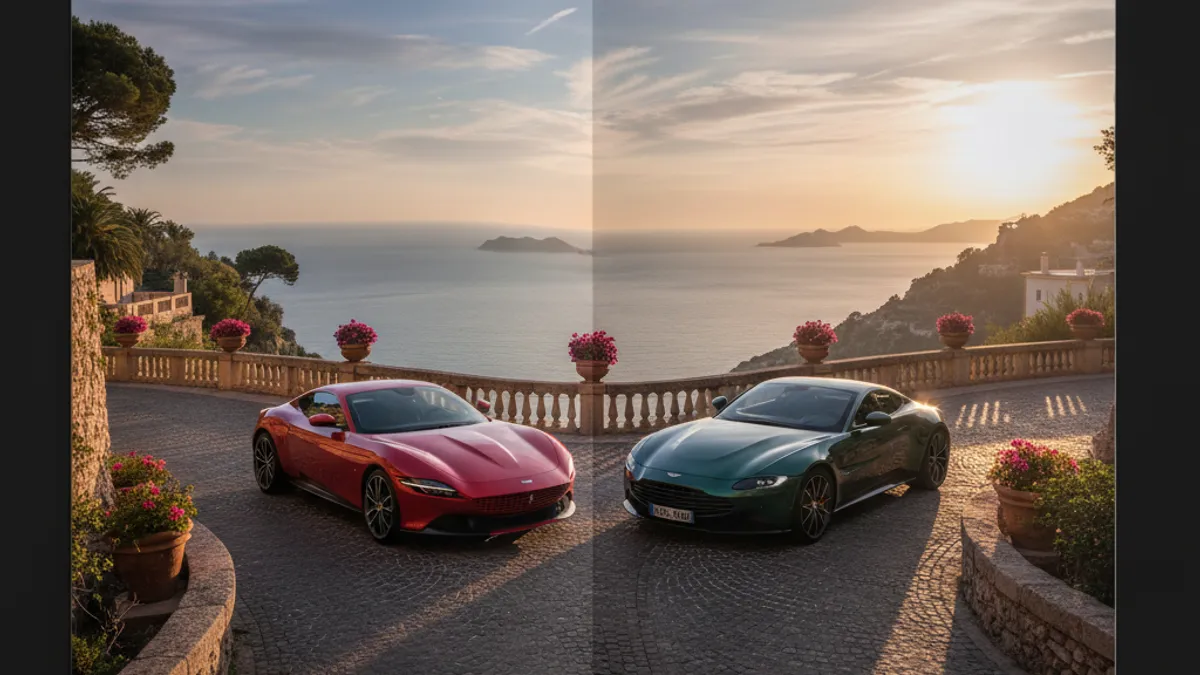 Ferrari Roma rouge et Aston Martin Vantage verte côte à côte sur circuit