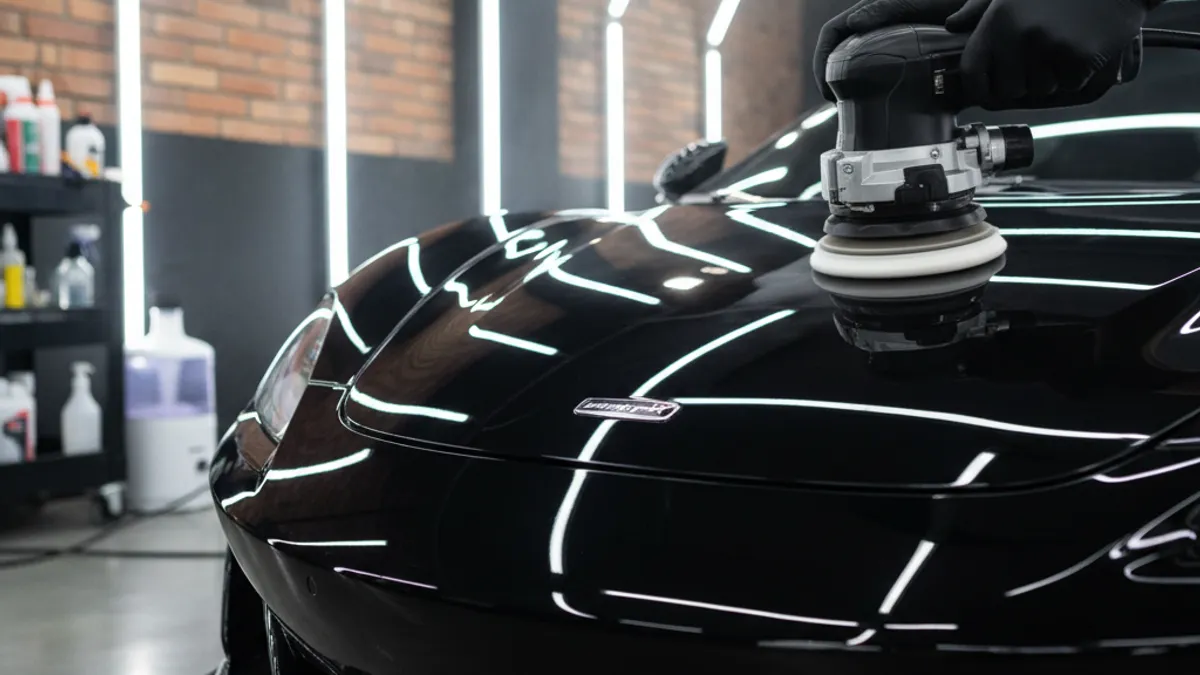 Polissage d'une voiture noire avec polisseuse orbitale résultat miroir