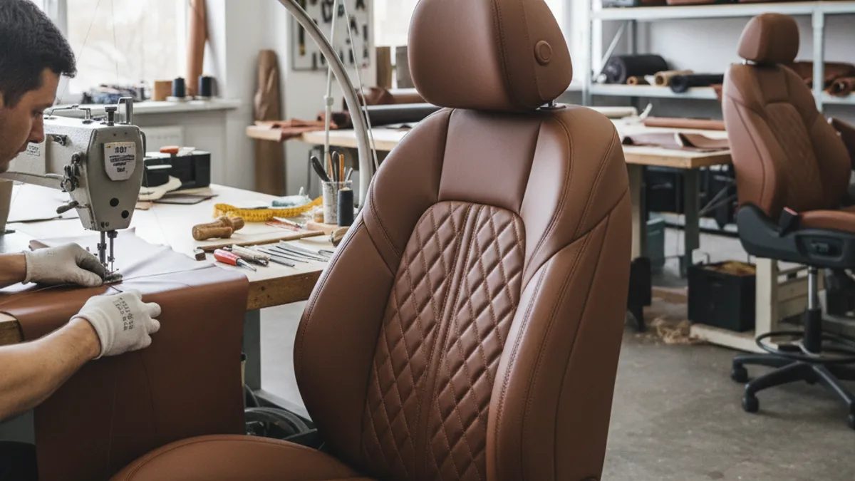 Intérieur cuir nappa marron cousu main dans une voiture de luxe