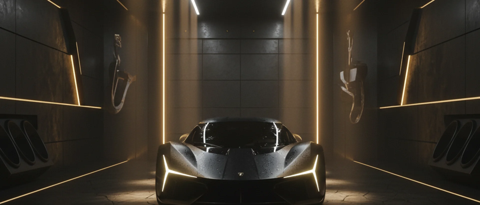 Supercar de luxe dans un garage premium avec éclairage doré